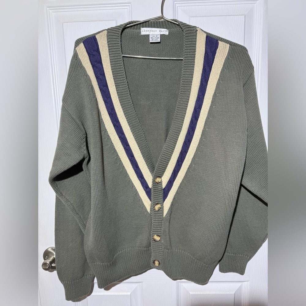 Geoffrey Beene Olive Cardigan with Navy and Cream Accents